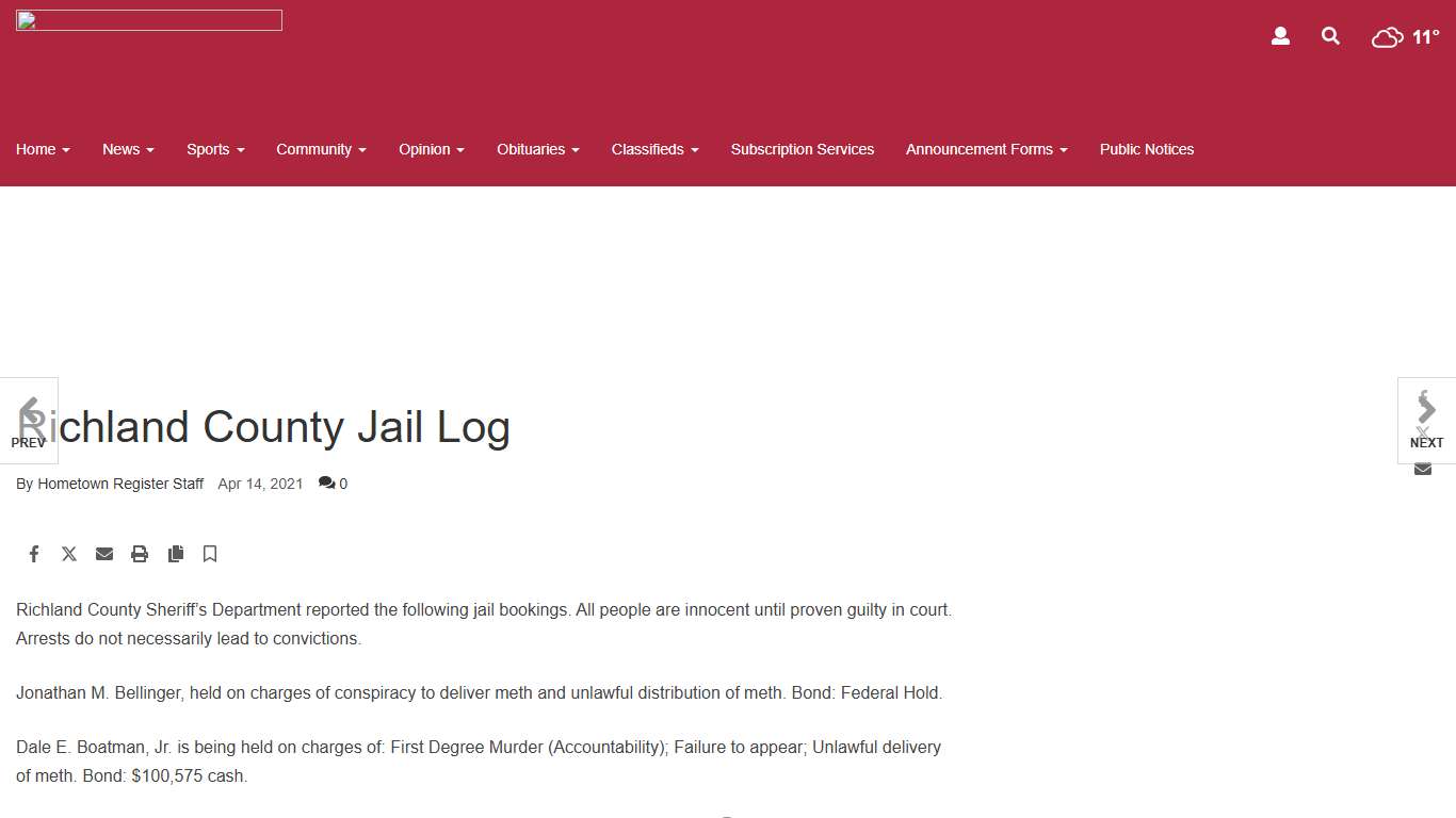 Richland County Jail Log | Community | hometownregister.com